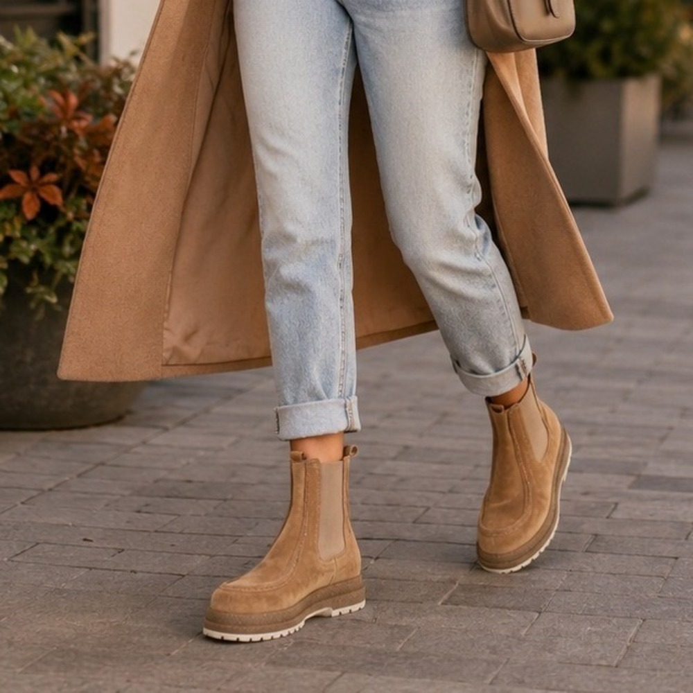 CALIA Samie Moc Toe Leather Chelsea Boots Tan Suede Size 6 Sandi Minimalist